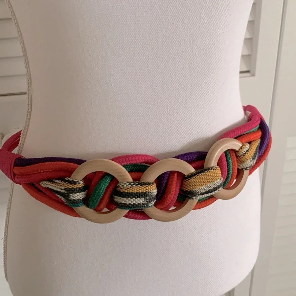 Prima Collezione Vintage Woven Fabric Wooden Rings Stretch Belt Multi-color Pink